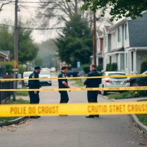 Police officers investigating a shooting scene in an urban area.