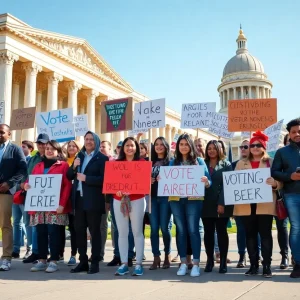 Diverse group protesting against Texas redistricting outside government building