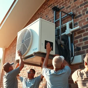 Community members installing an air conditioning unit at St. James AME Church