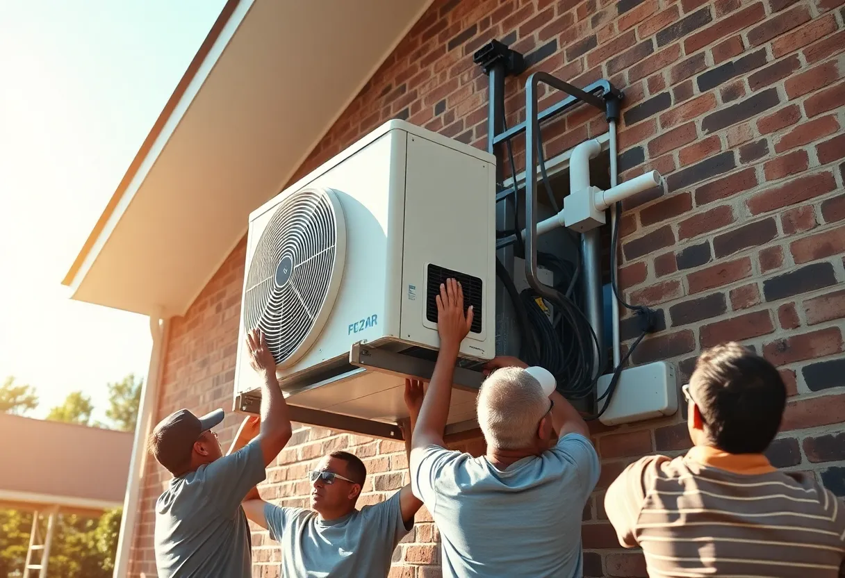 Community members installing an air conditioning unit at St. James AME Church