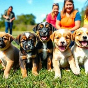 Five adorable puppies rescued from abandonment in San Antonio, playing in a grassy area.