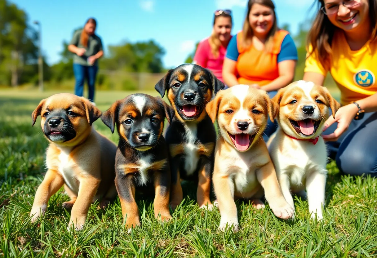 Five adorable puppies rescued from abandonment in San Antonio, playing in a grassy area.