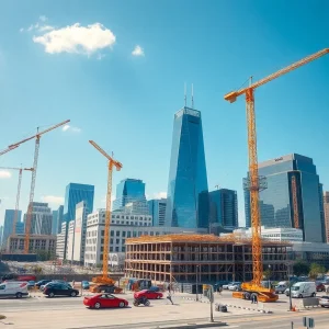 Texas city skyline with retail construction sites