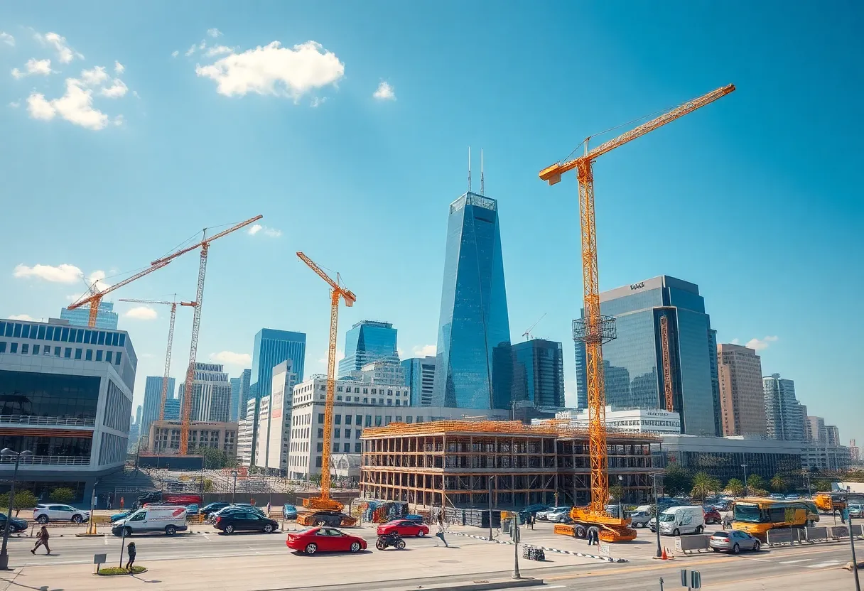 Texas city skyline with retail construction sites