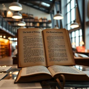 An old library book displayed in a public library setting
