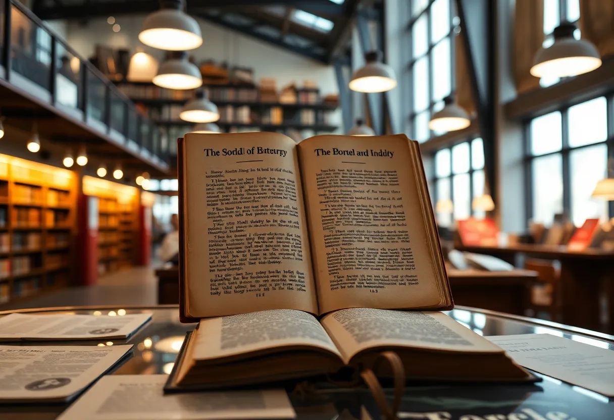 An old library book displayed in a public library setting