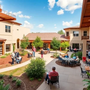 A beautiful courtyard at Sage Park San Antonio senior living community.