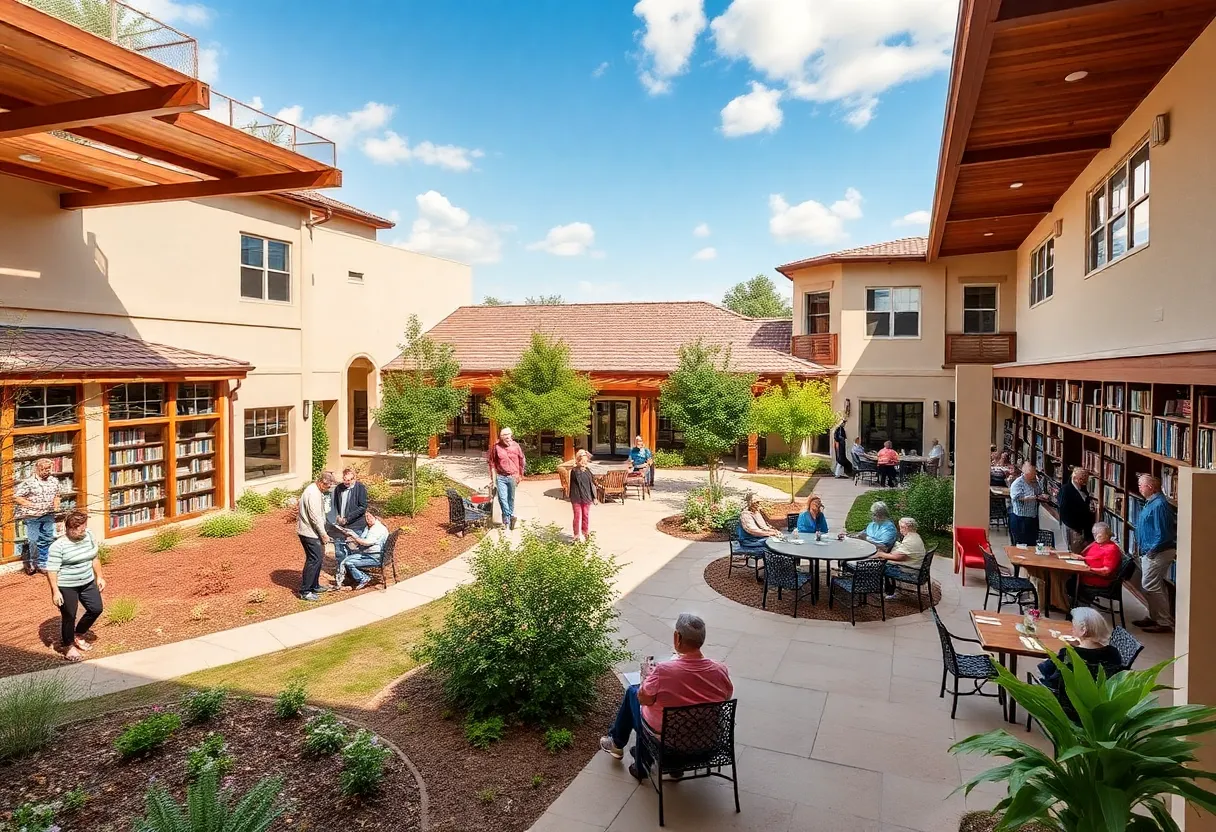 A beautiful courtyard at Sage Park San Antonio senior living community.