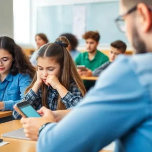 Students learning in a classroom without cellphones