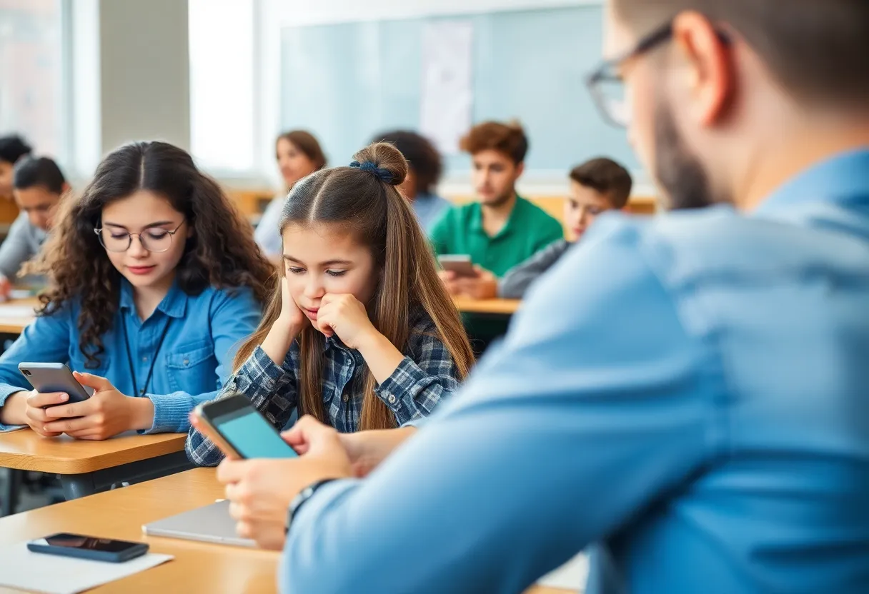 Students learning in a classroom without cellphones