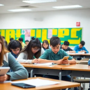 Students in a classroom without cellphones, promoting a focused learning environment.
