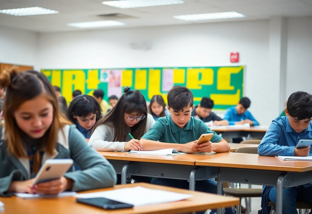 Students in a classroom without cellphones, promoting a focused learning environment.
