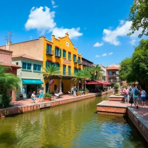 Accessible scene along the San Antonio River Walk with people enjoying the vibrant environment.
