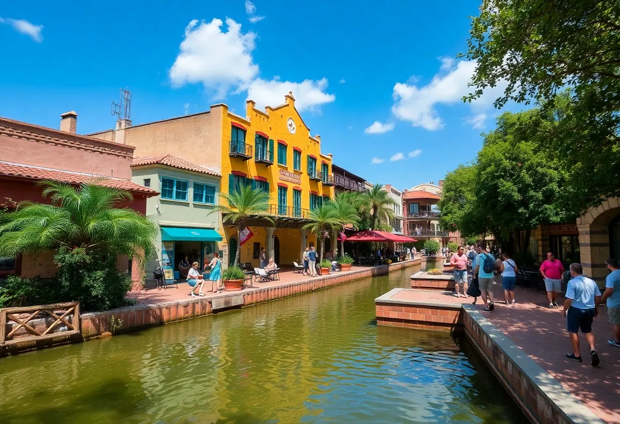 Accessible scene along the San Antonio River Walk with people enjoying the vibrant environment.