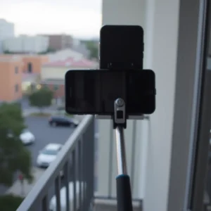 An apartment balcony in San Antonio with a cellphone on a selfie stick.