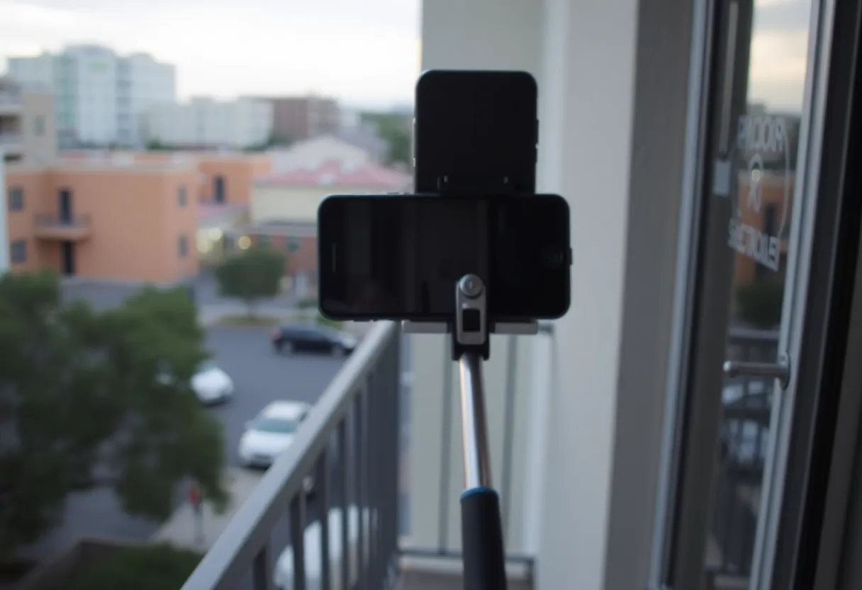 An apartment balcony in San Antonio with a cellphone on a selfie stick.