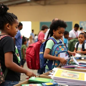 Families receiving school supplies at a community event in San Antonio.