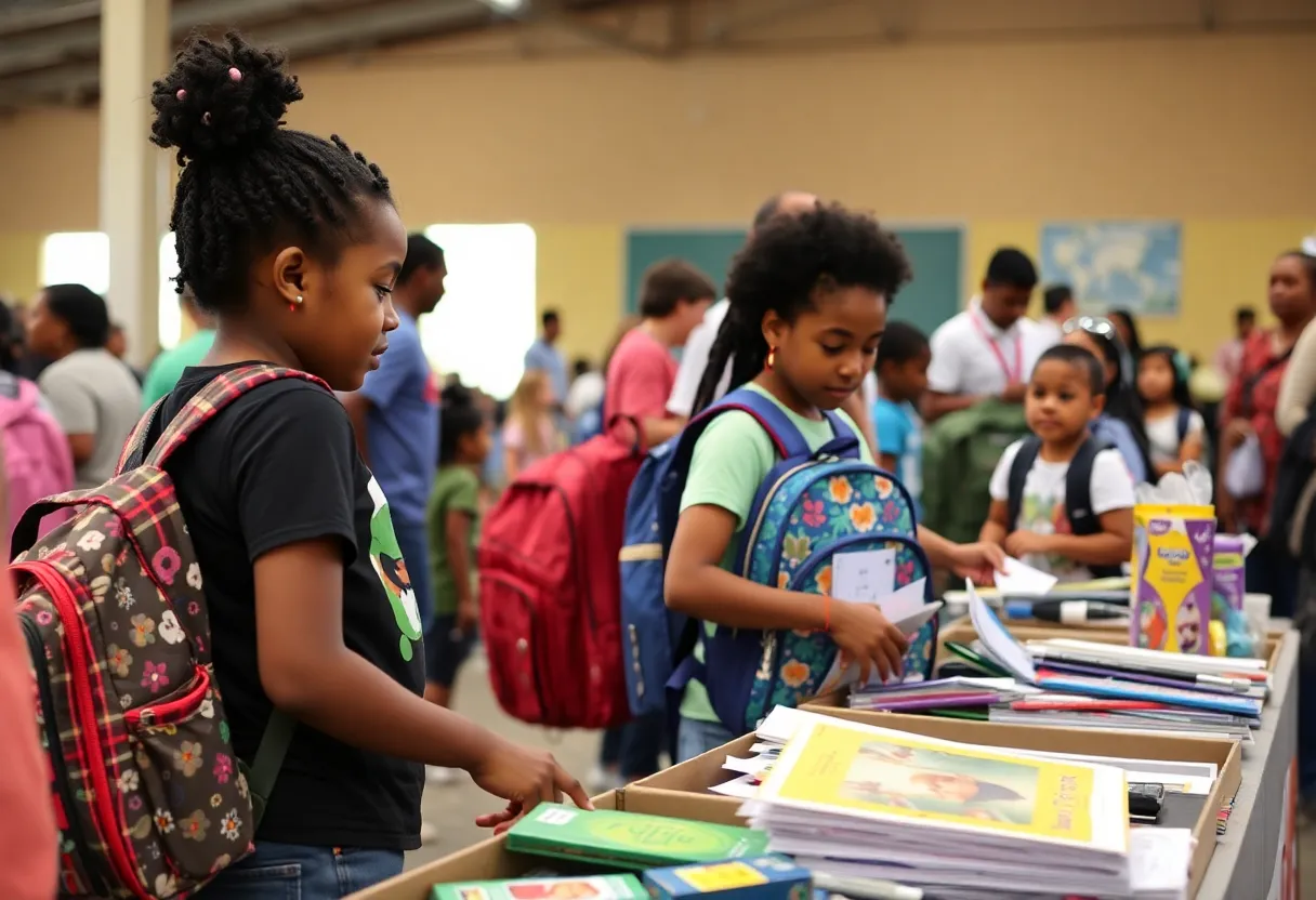 Families receiving school supplies at a community event in San Antonio.