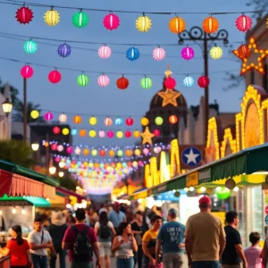 Families and food stalls at a San Antonio cultural festival