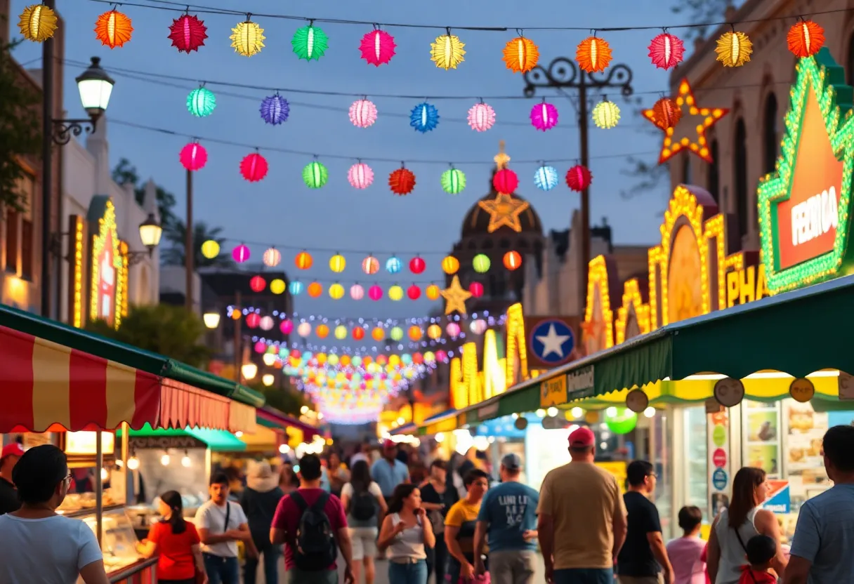 Families and food stalls at a San Antonio cultural festival