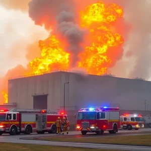 Firefighters extinguishing a fire at a factory in San Antonio.