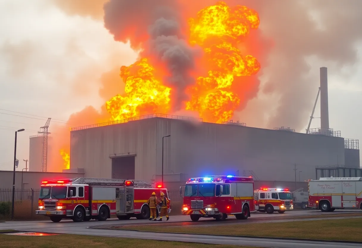 Firefighters extinguishing a fire at a factory in San Antonio.