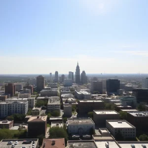 Skyline of San Antonio, Texas under a clear blue sky during a heatwave.