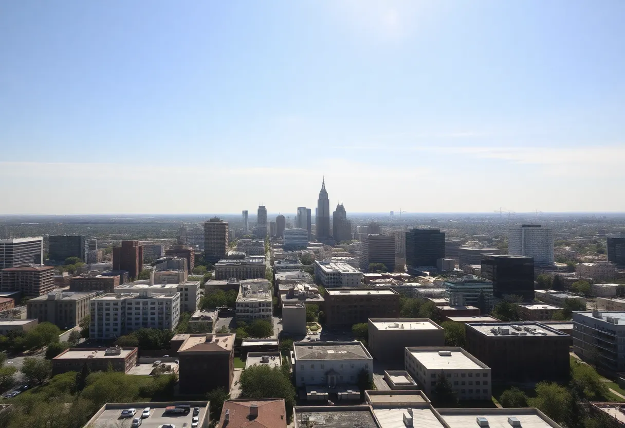 Skyline of San Antonio, Texas under a clear blue sky during a heatwave.