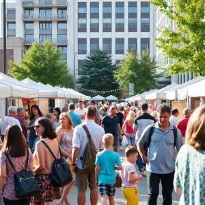 Families enjoying the San Antonio Labor Day festival with music, art, and food stalls.