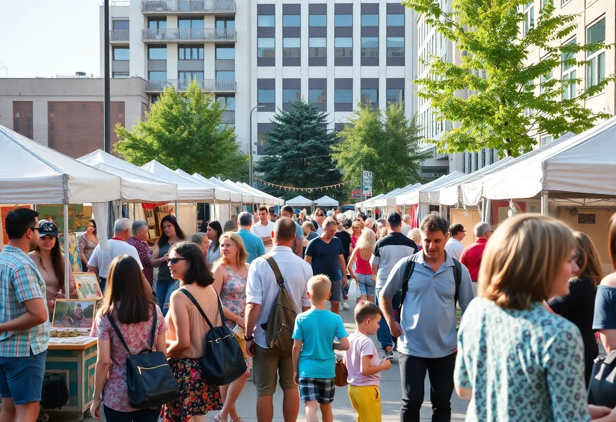 Families enjoying the San Antonio Labor Day festival with music, art, and food stalls.