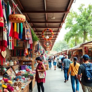 Colorful shops in San Antonio Market Square selling Mexican souvenirs.