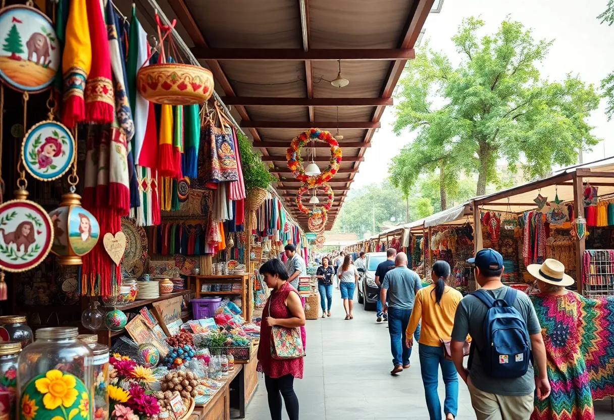 Colorful shops in San Antonio Market Square selling Mexican souvenirs.