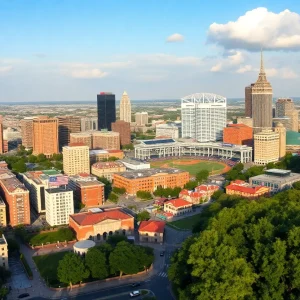Cityscape of San Antonio with baseball themes