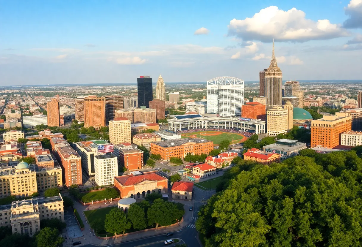 Cityscape of San Antonio with baseball themes