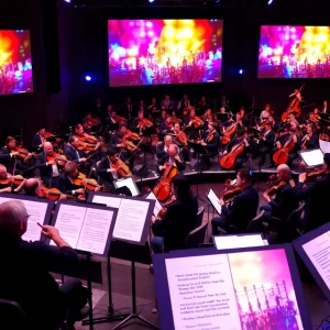 Orchestra performing at the San Antonio Philharmonic concert with multimedia projections