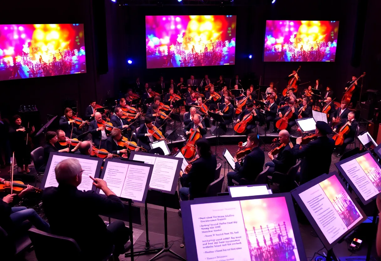 Orchestra performing at the San Antonio Philharmonic concert with multimedia projections