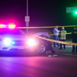 Police officers at a crash scene with caution tape and emergency lights.