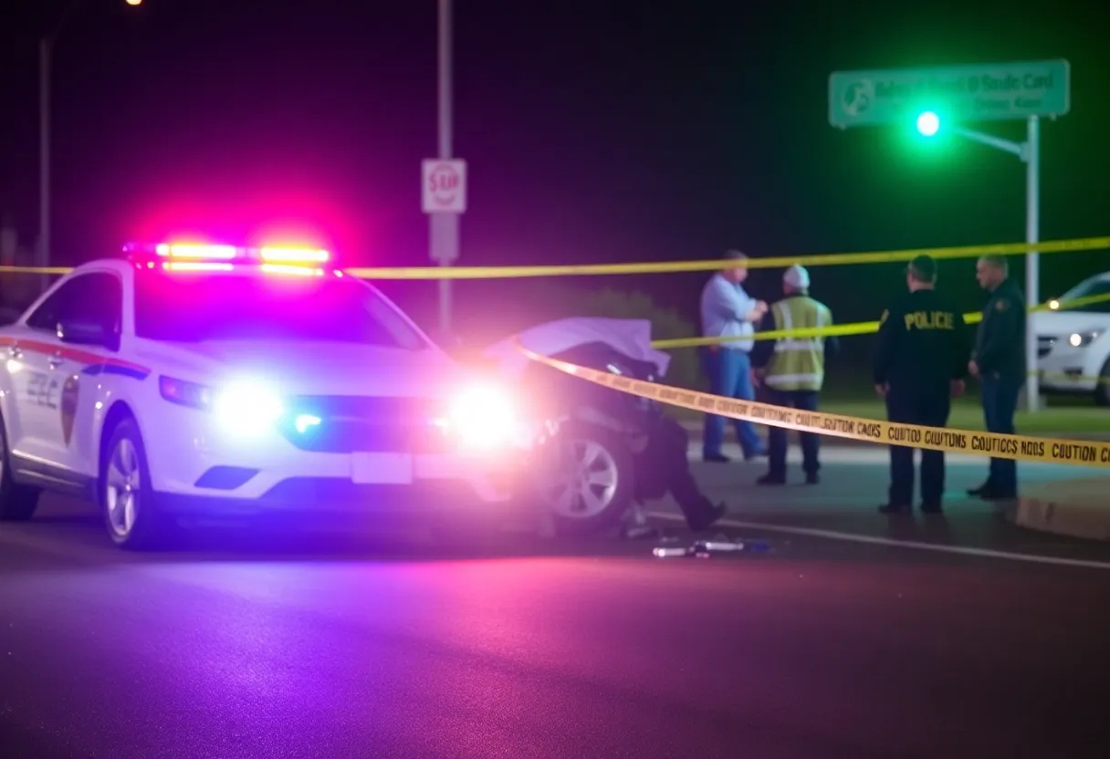 Police officers at a crash scene with caution tape and emergency lights.