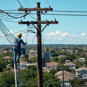 Utility workers repairing overhead equipment in San Antonio during power outage