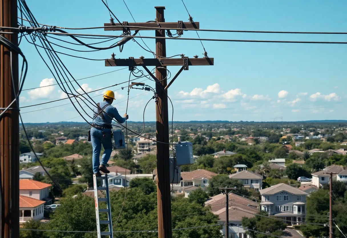 Utility workers repairing overhead equipment in San Antonio during power outage