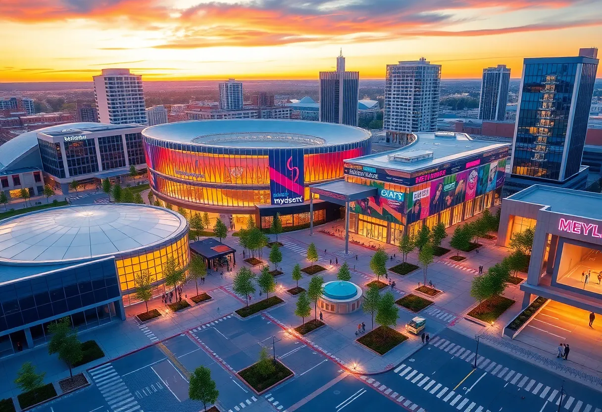 Conceptual image of the San Antonio Project Marvel development with a new arena and entertainment district.