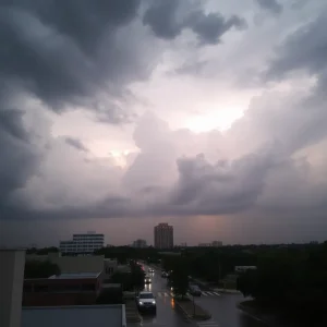 Dark rain clouds forming over the city of San Antonio