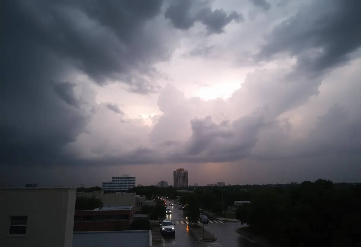 Dark rain clouds forming over the city of San Antonio