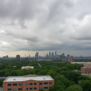 San Antonio skyline under cloudy skies with rain