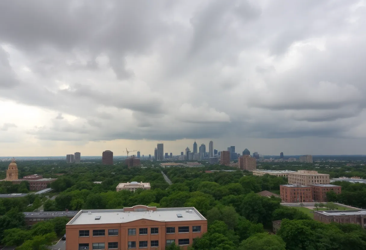 San Antonio skyline under cloudy skies with rain