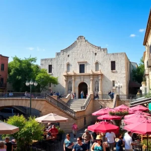 Scenic view of the River Walk in San Antonio with outdoor dining and historic buildings
