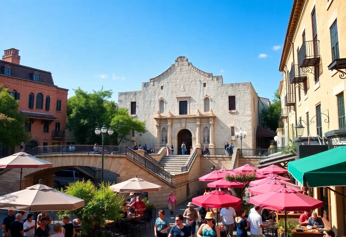 Scenic view of the River Walk in San Antonio with outdoor dining and historic buildings