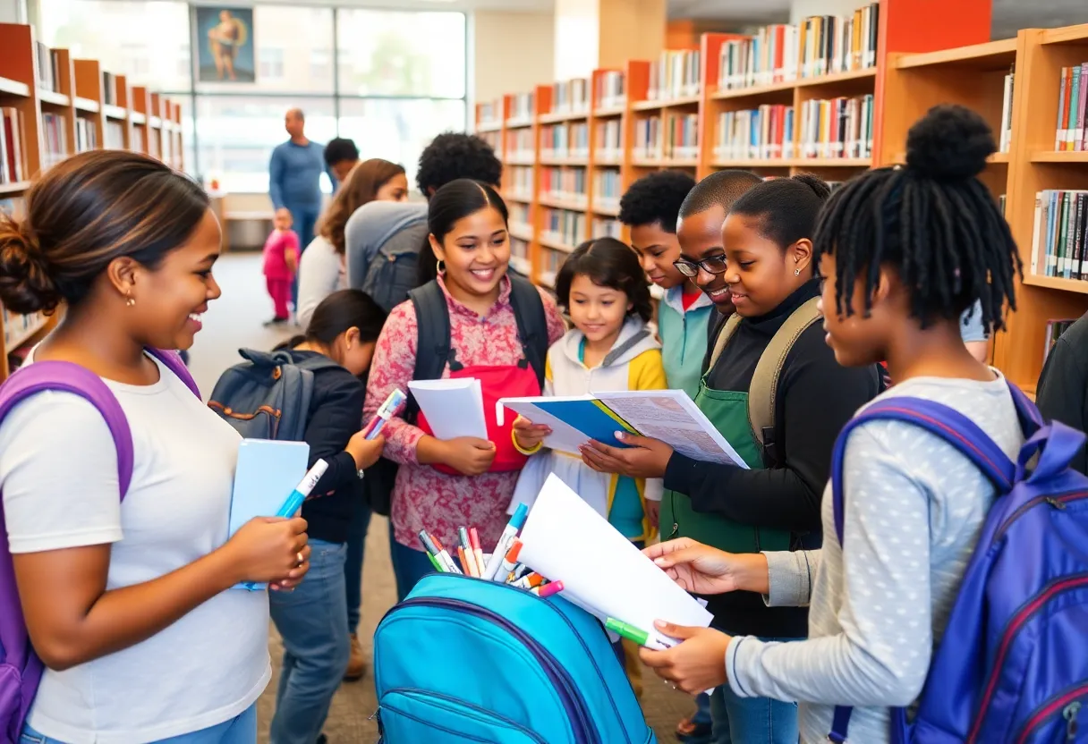 Families participating in the School Supply Swap at Potranco Branch Library.