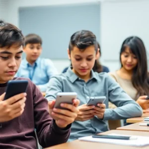 Classroom with students focused on learning without cellphones.