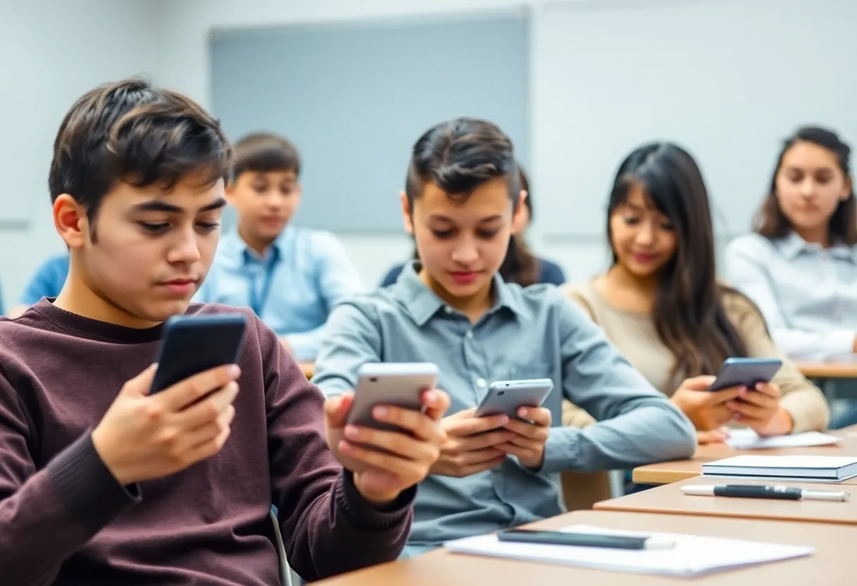 Classroom with students focused on learning without cellphones.
